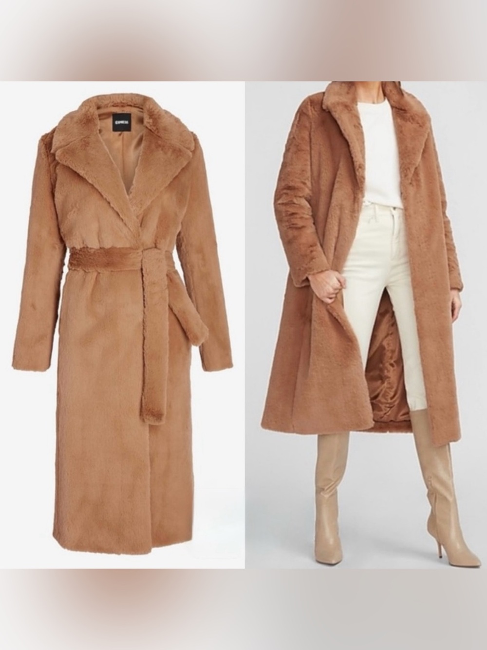 Express Tan Long Belted Faux Fur Teddy Coat XS